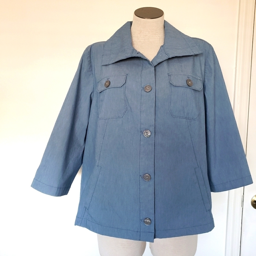 Chico's Classic Blue Cotton 3/4 Sleeve Button Utility Women's Jacket Size 2
